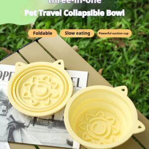 Collapsible silicone slow-feeder pet bowl shown folded flat next to the open bowl on a table outdoors