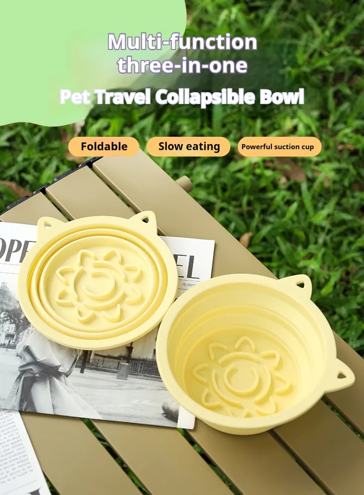 Collapsible silicone slow-feeder pet bowl shown folded flat next to the open bowl on a table outdoors
