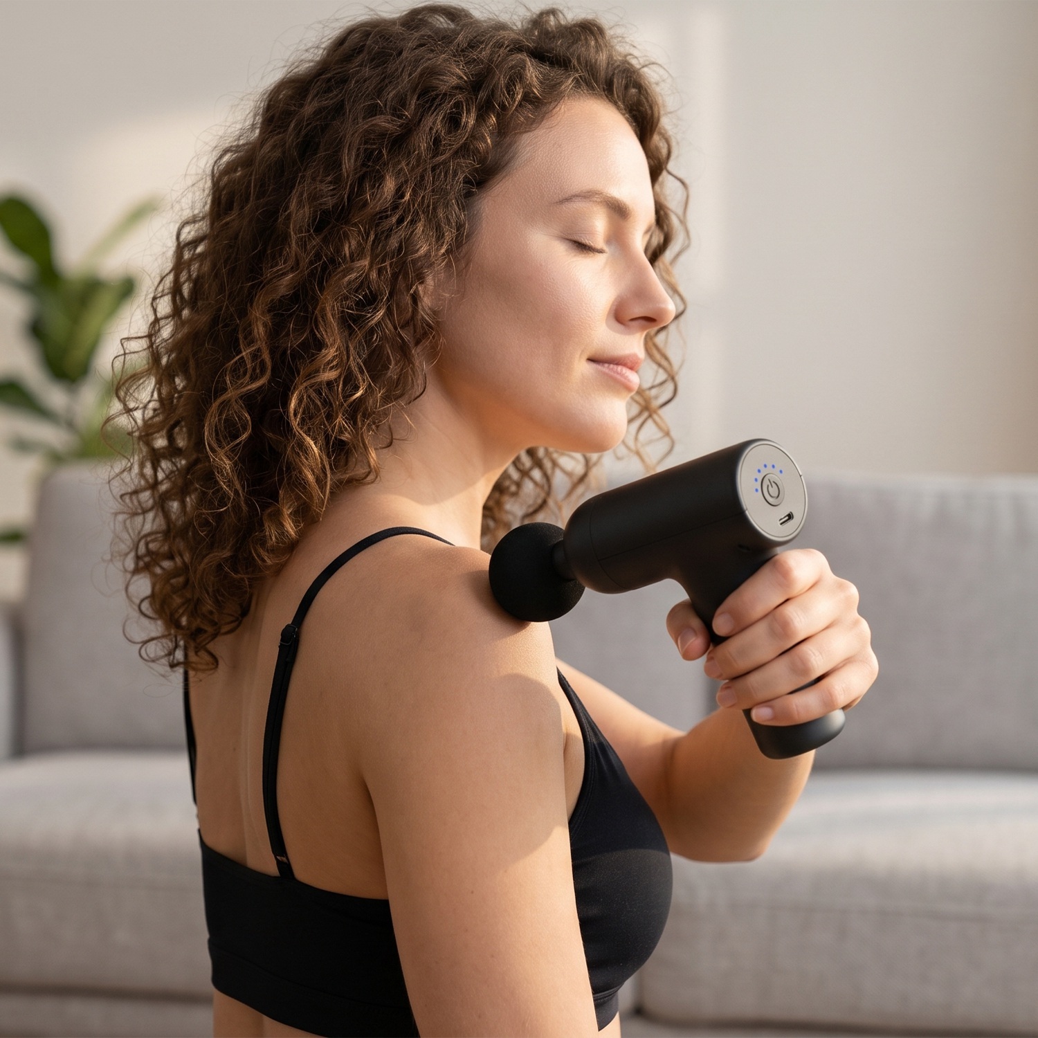 Woman using a mini massage gun on her shoulder