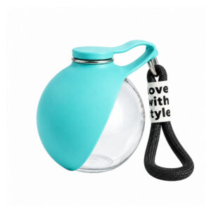Blue portable dog water bottle with foldable bowl and carrying strap