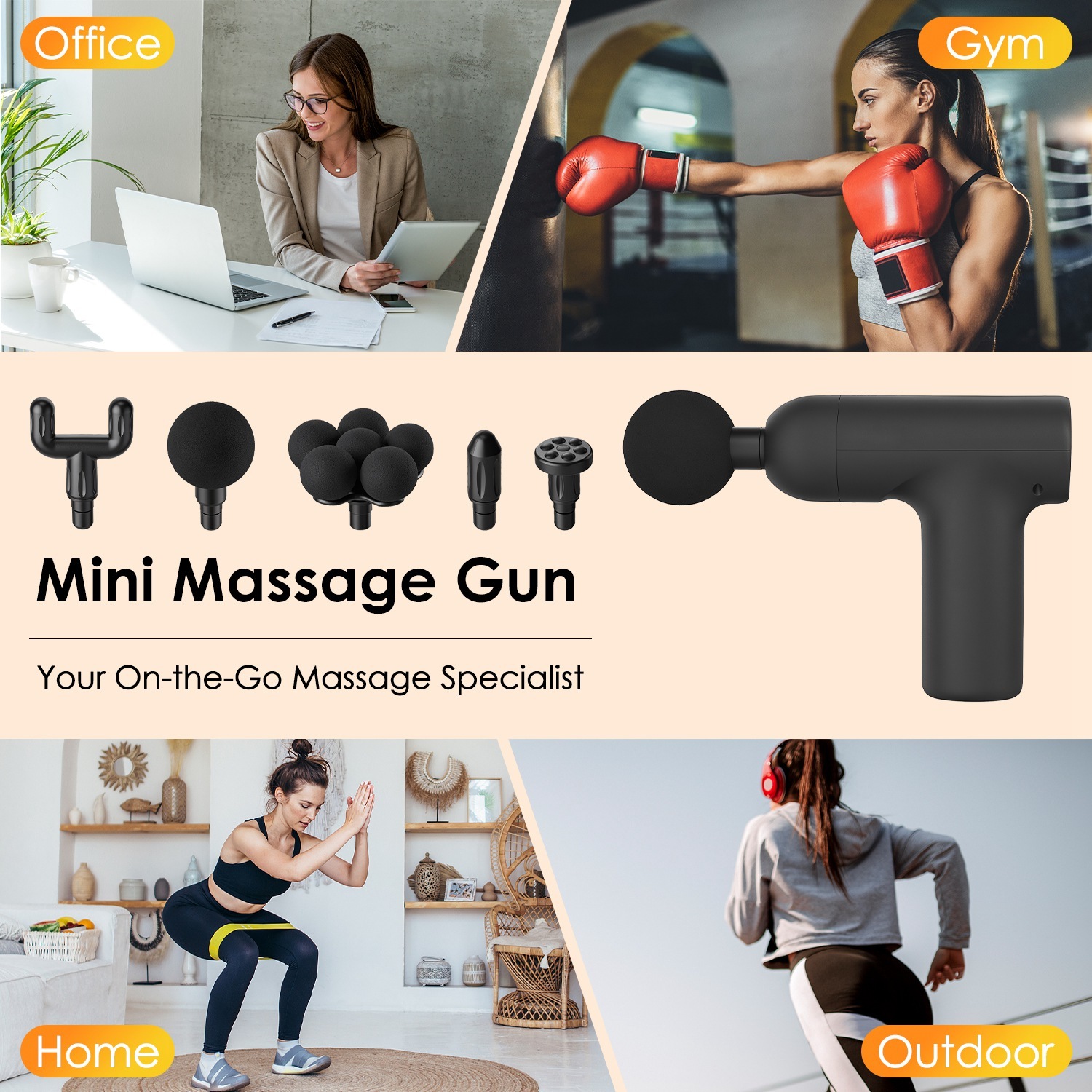 Collage showing people using a mini massage gun