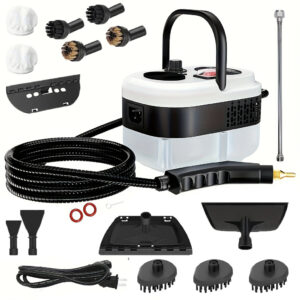 Collage of handheld steam cleaner parts and attachments