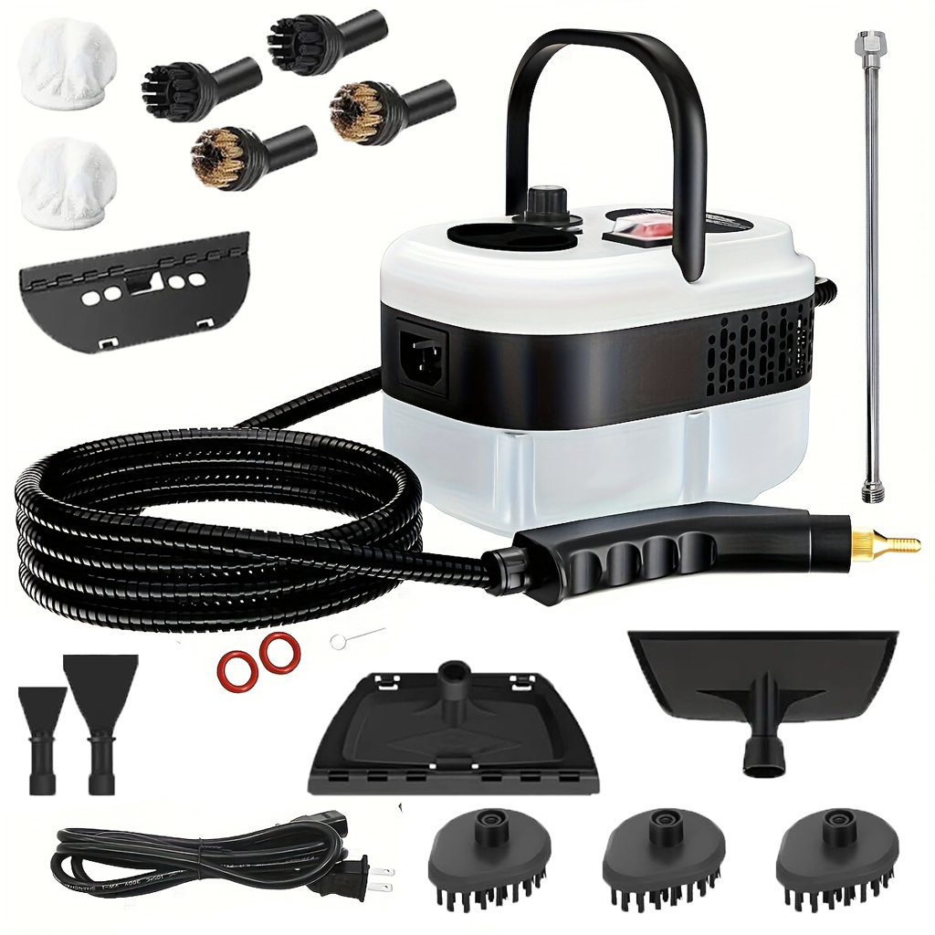 Collage of handheld steam cleaner parts and attachments