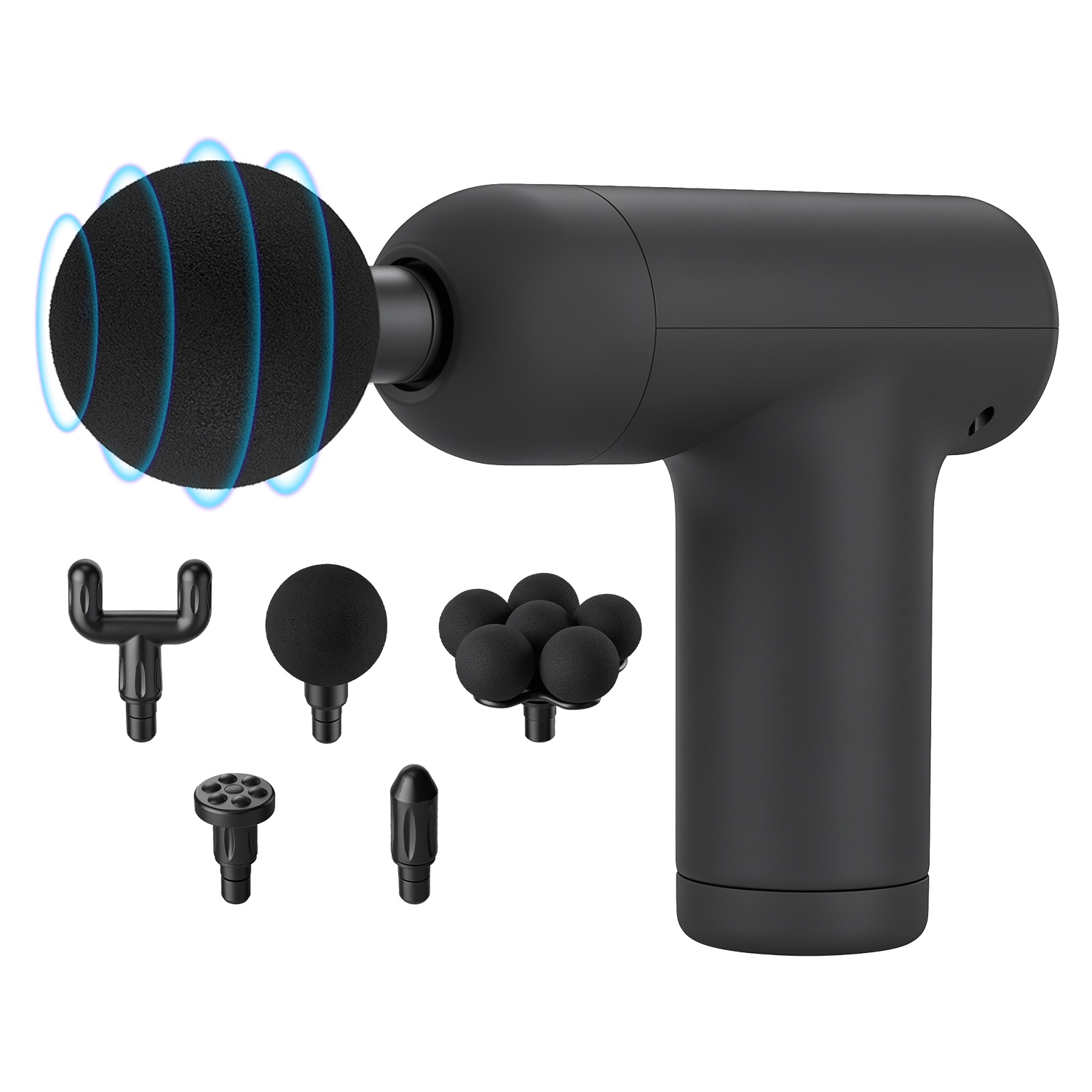 Mini massage gun with its interchangeable heads on a white background