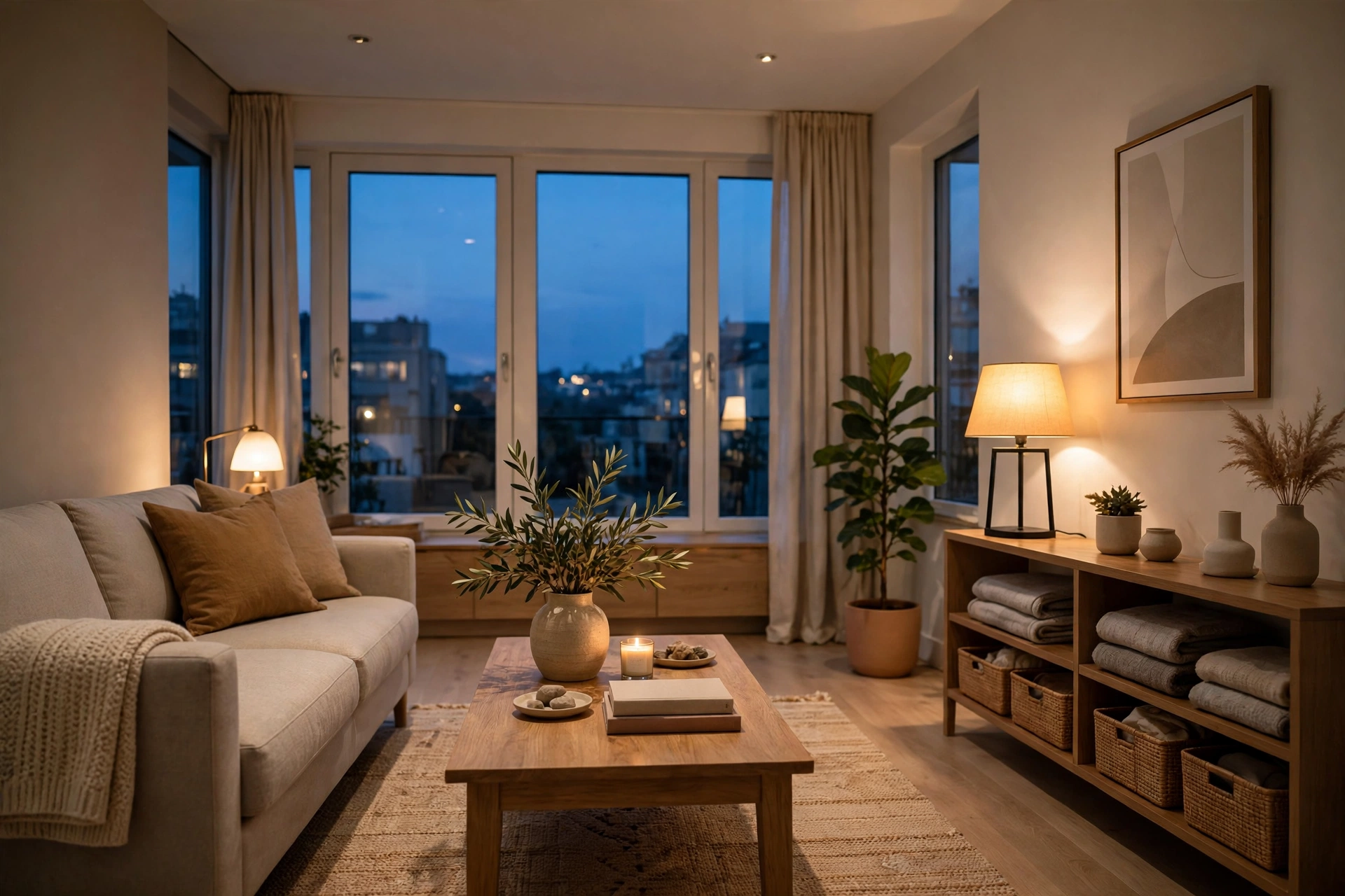Tidy warm living room at dusk