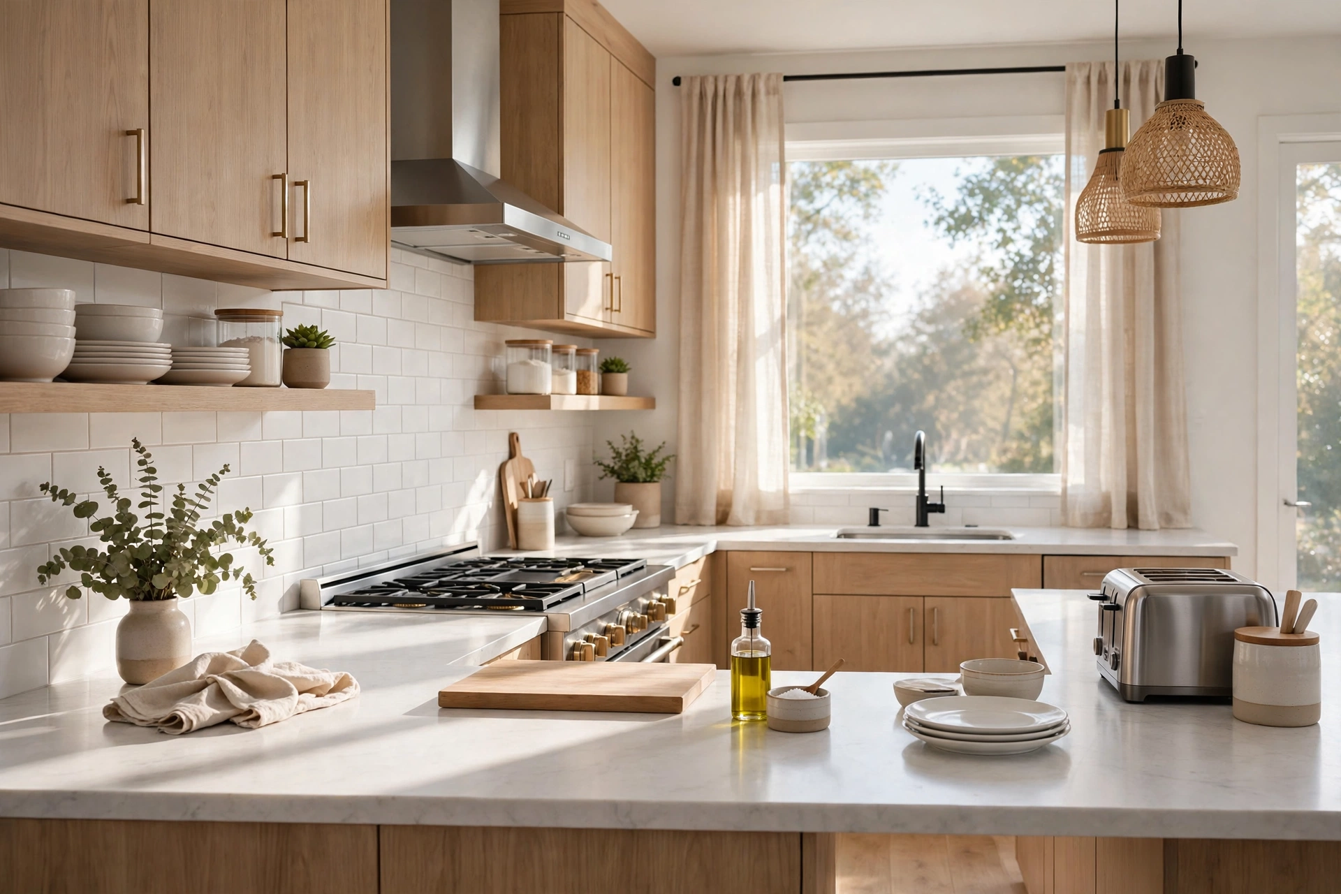 Bright organized kitchen in morning light