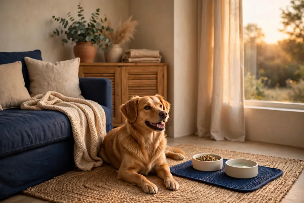 Golden dog resting beside its feeding bowls on a mat in a sunny living room